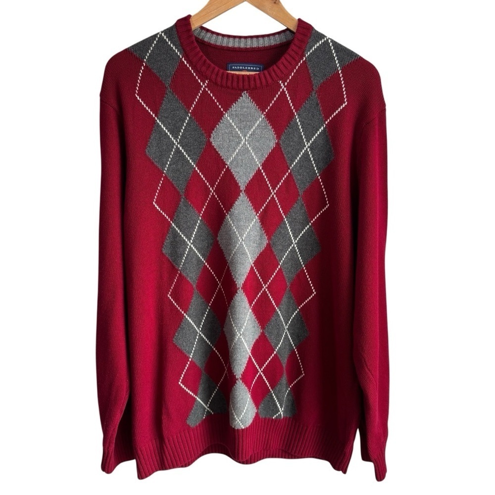 Saddlebred Argyle Sweater Mens XL Red Grey Crewneck Pullover Preppy Golf EUC